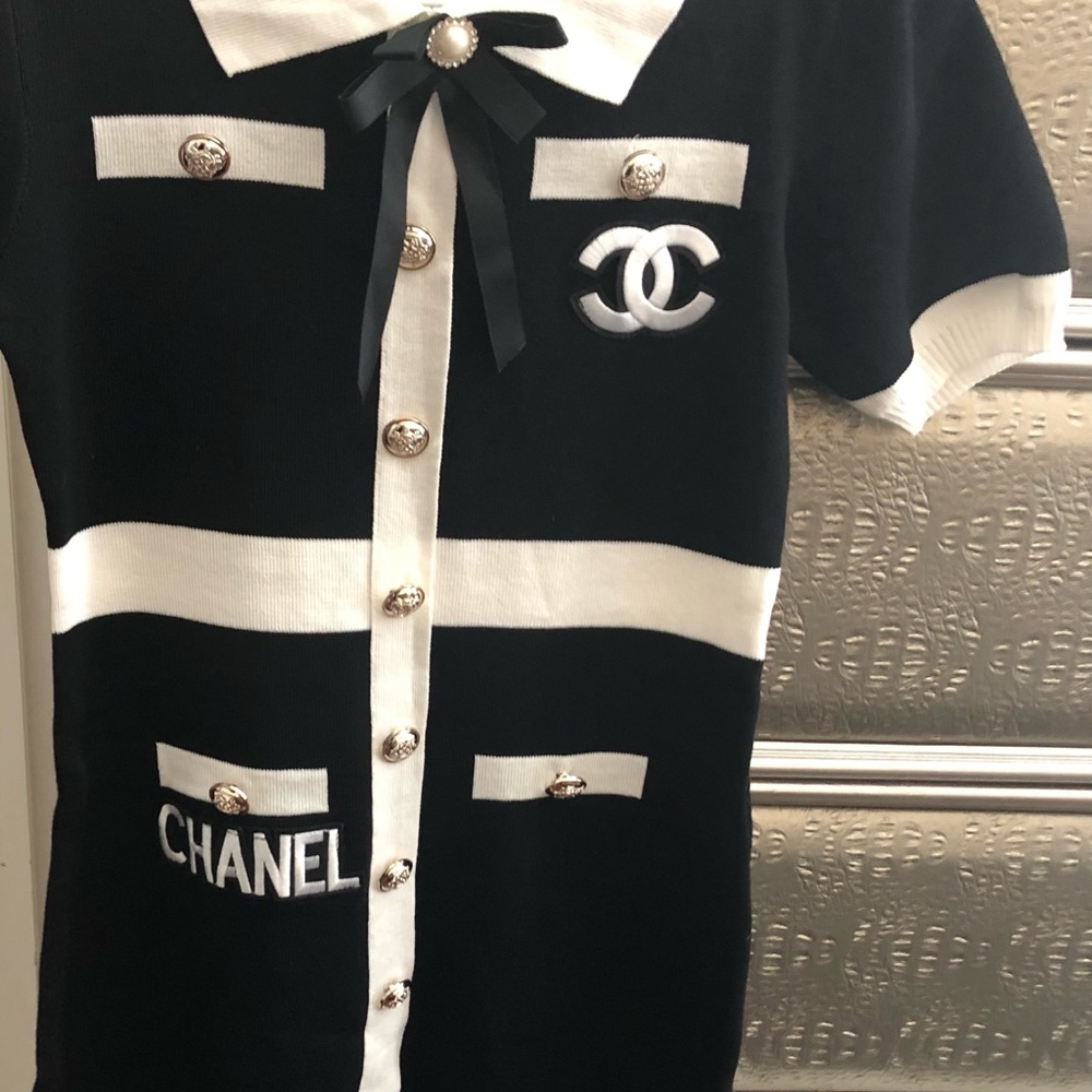 CHANEL black and off white knit dress with Tags.